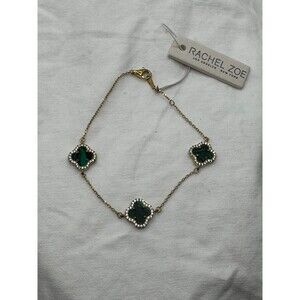 Rachel Zoe Green Malachite Pave Clover 18K Gold On Sterling Silver Bracelet New